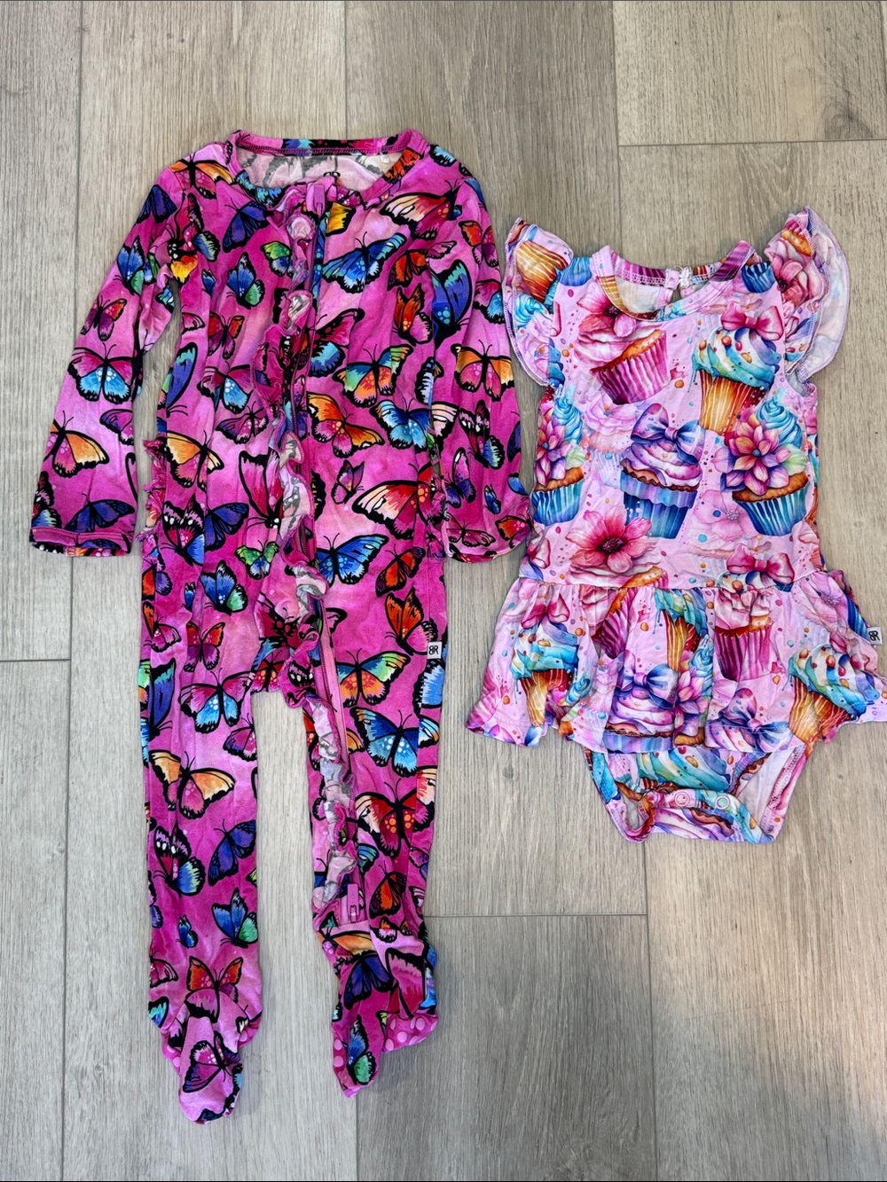 Bums & Roses Girls Bamboo Bundle Pink Butterfly Footed Onesie & Cupcake Dress